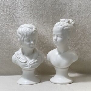 Vintage Napco Boy And Girl Busts White Ceramic Children Sculptures 9.5"
